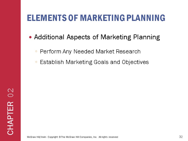 ELEMENTS OF MARKETING PLANNING Additional Aspects of Marketing Planning Perform Any Needed Market Research